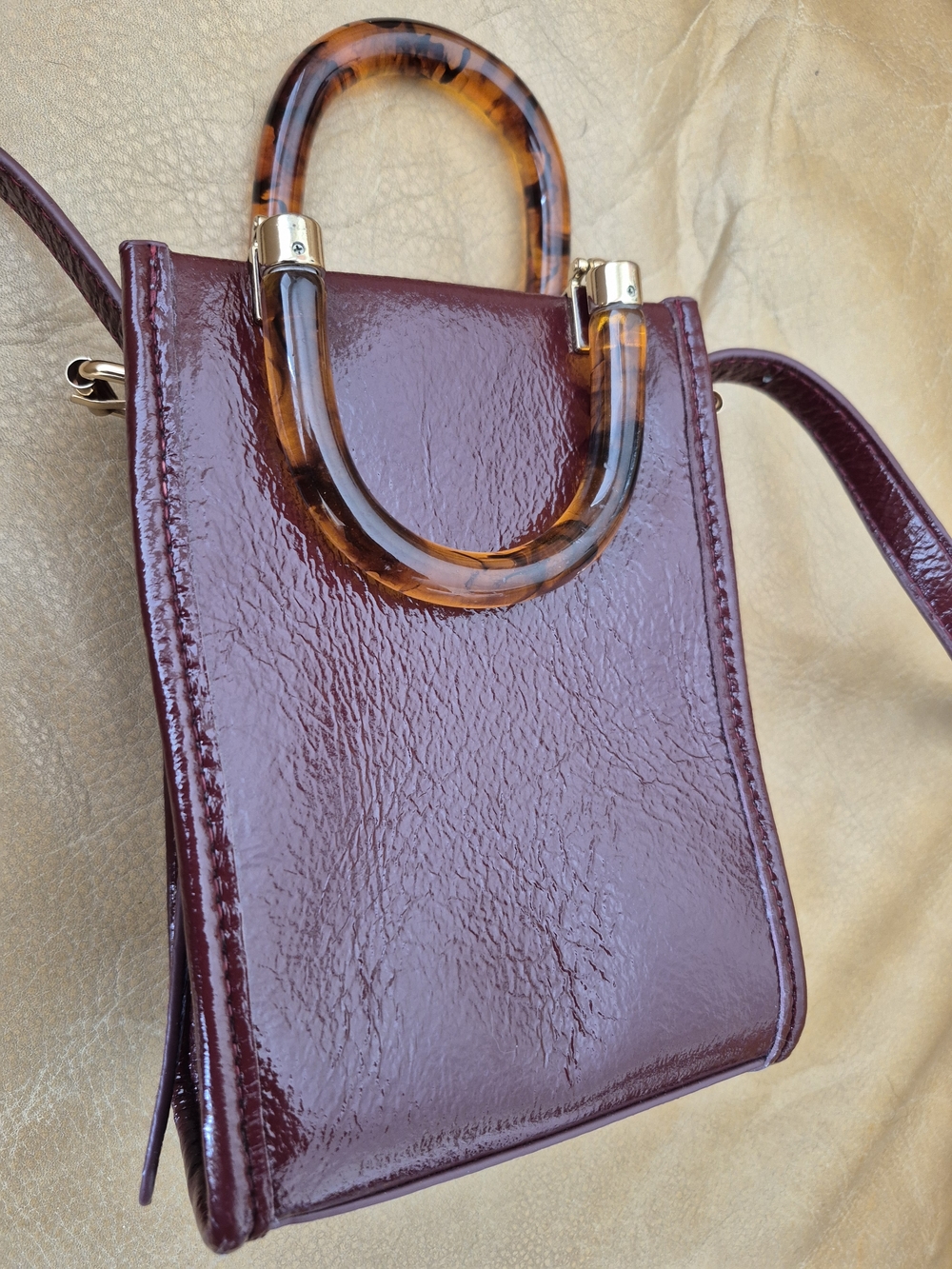 Anthropologie Small Burgundy Crossbody Bag with Tortoiseshell Handles - Picture 6 of 8